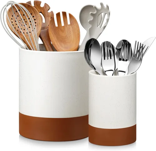 MALACASA Soporte para utensilios, soporte para utensilios de cocina de cerámica de 7.3"+5.5 pulgadas para encimera, recipientes grandes para Caqui