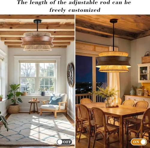 Miniatura 5 de Lámpara de araña de ratán tejida a mano de 19.7 pulgadas para comedor, lámpara bohemia de granja de 4 luces con textura de madera, lámpara colgante