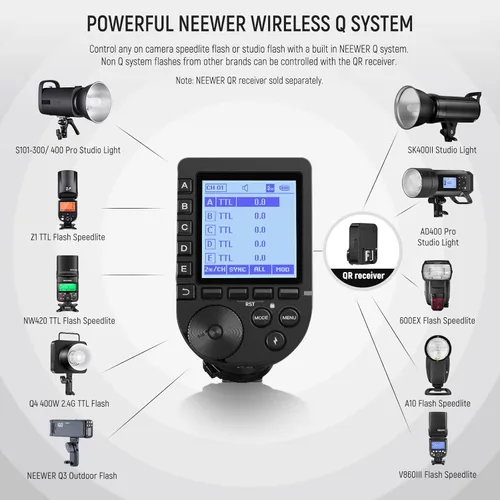Miniatura 2 de NEEWER QPRO-S TTL Disparador de flash inalámbrico compatible con Sony 1/8000s HSS Pantalla LCD grande Diseño inclinado 5 botones de grupo 9