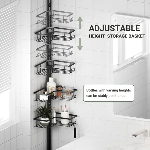 Miniatura 3 de ViviDreamore Poste de tensión de esquina para ducha, organizador de ducha de baño de acero inoxidable de 4 niveles, estantes de ducha ajustables