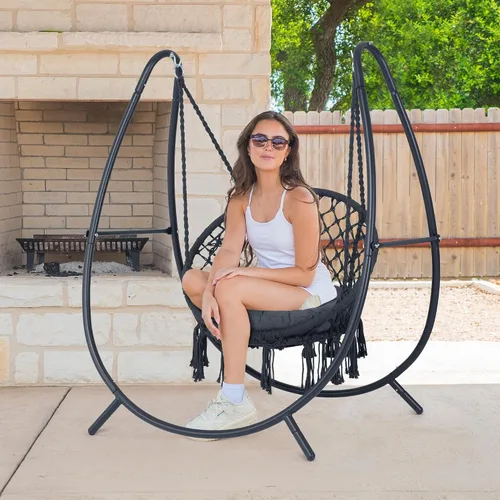 Miniatura 2 de ANOW Silla Columpio con Soporte Incluido, Silla Colgante para Exterior con Soporte y Cojín de Asiento Desmontable, Peso Máximo 400 Libras, Gris Gris