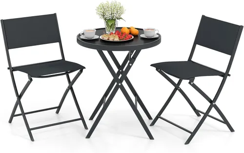 HAPPYGRILL Juego de 3 piezas plegables para patio, juego de conversación al aire libre con mesa auxiliar y 2 sillas de patio, juego de comedor