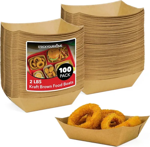 Miniatura 9 de Stock Your Home Paquete de 100 bandejas de papel kraft marrón de 1 libra, bandeja de concesión desechable, botes para servir aperitivos de fiesta