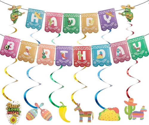 Cartel de feliz cumpleaños con temática mexicana, 1 juego de guirnalda colorida preencordada para carnaval del Cinco de Mayo y suministros de fiesta