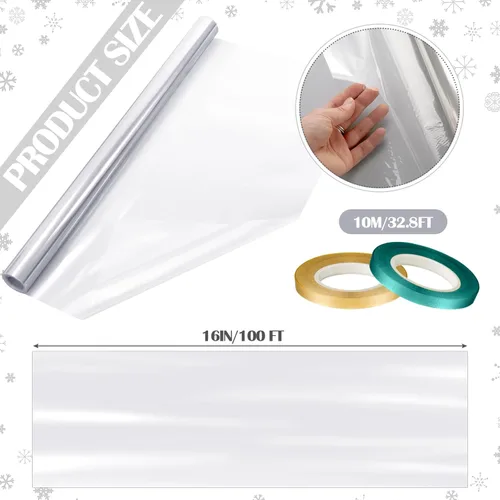 Miniatura 2 de Tigeen Rollo de celofán transparente con 6 rollos de cintas, 16 pulgadas x 100 pies, papel de celofán grueso translúcido de 2.3 mil para cestas
