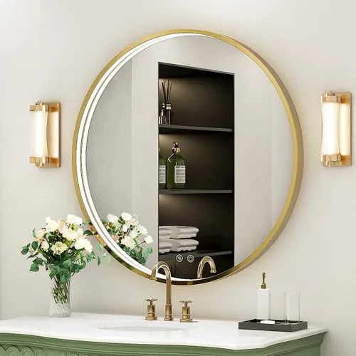 Miniatura 13 de Espejo de baño LED redondo de 36 pulgadas, espejo de tocador antivaho regulable con control táctil, luz natural de 6000 K, marco de metal negro