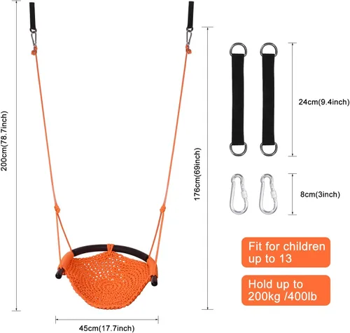 Miniatura 3 de JKsmart Asiento de columpio para niños con cuerda resistente, juego de columpio seguro para niños, perfecto para interior, exterior, patio de Naranja