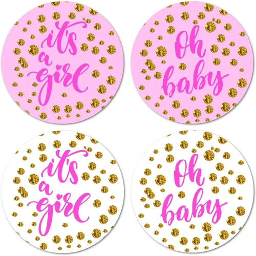 40 calcomanías rosadas con texto en inglés "Oh Baby It's a Girl", etiquetas redondas brillantes de 2 pulgadas, para baby shower, ideales para