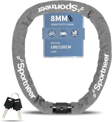 Miniatura 7 de Sportneer Candado para bicicleta: Candado de cadena de bicicleta de alta seguridad de 8mm de grosor con 2 llaves - 0.97/1.2 metros de largo, candado
