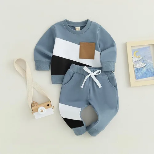 Miniatura 2 de BeQeuewll Ropa para bebé niño de otoño e invierno, 2 piezas, bloque de color, sudadera y pantalones con cuello redondo