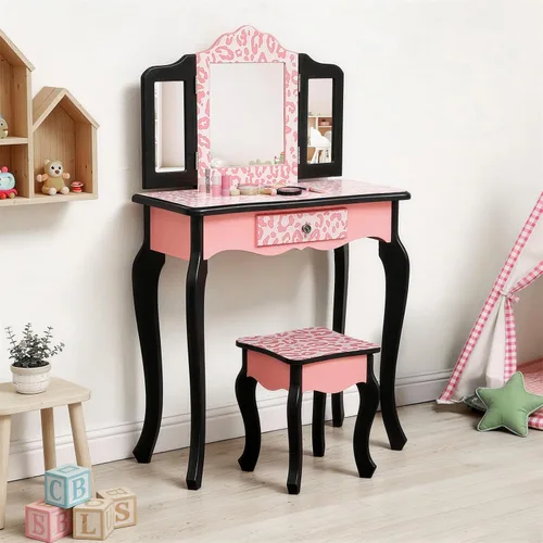 Miniatura 5 de Juego de mesa de tocador y taburete de madera para niños, estación de tocador de maquillaje con espejo desmontable de tres pliegues y cajón