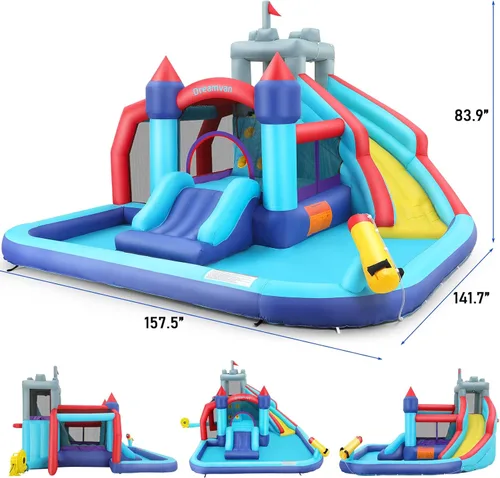 Miniatura 4 de AKEYDIY Toboganes acuáticos inflables, estilo castillo, parque acuático inflable al aire libre con escalada, borde de baloncesto, piscina