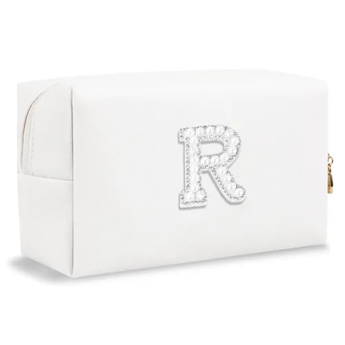 Miniatura 22 de Pequeña bolsa de maquillaje personalizada con inicial A-Z Preppy Patch, bolsa de cosméticos de viaje de felpilla blanca con cremallera, bonita bolsa