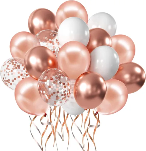 Zesliwy 50 globos de fiesta de oro rosa, globos blancos metálicos de oro rosa con globos de confeti para fiesta de cumpleaños, boda, graduación, Oro