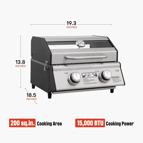 Miniatura 6 de Parrilla portátil de gas propano de 2 quemadores Clearview® Monument Grills para cocinar al aire libre, dos quemadores de 15,000 BTU, acero