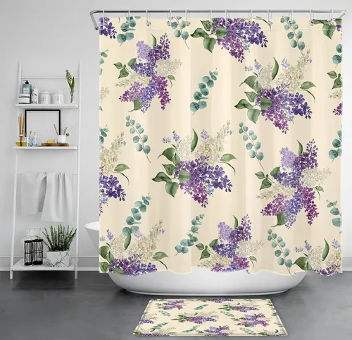 Miniatura 12 de EOBTAIN Cortina de ducha floral púrpura para baño, flores de acuarela y hojas de eucalipto verde sobre beige, cortina de ducha con 10 ganchos, juego