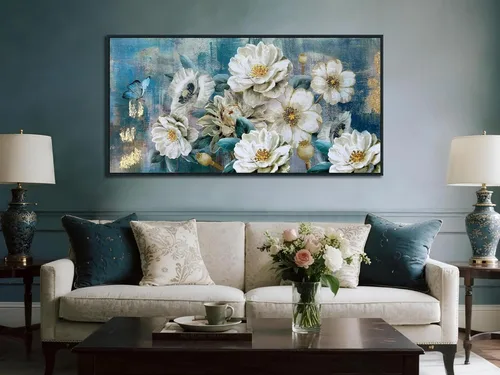 Miniatura 13 de Arjun Lienzo artístico para pared de árbol de la vida para sala de estar, pintura de árbol azul y verde azulado, 50% pintada a mano, imagen