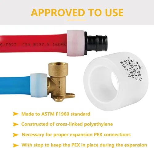 Miniatura 5 de Paquete de 100 accesorios F1960 PEX-A de 1/2 pulgada, anillos de expansión, fundas para tuberías y accesorios de latón o poliéster F1960
