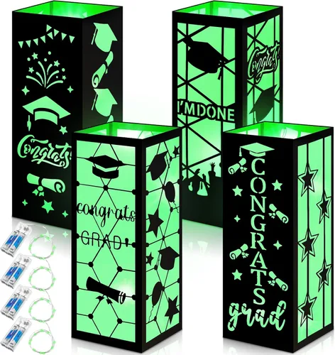Miniatura 9 de Feifeiya 4 piezas de centros de mesa de graduación 2026, faroles de mesa de graduación de clase 2026 con tira de luces LED para felicitaciones, Azul