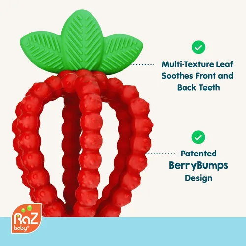 Miniatura 5 de RaZbaby Bites - Juguete de silicona para dentición para bebés, juguete sensorial con textura de moras para aliviar la dentición, forma de fruta Rosa