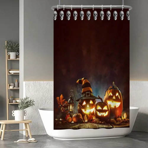 Miniatura 9 de Cortina de ducha de fantasma y gato negro para niños, 36 x 72 pulgadas, espeluznante y bonita, cortina de baño de Halloween con 6 ganchos, cortina