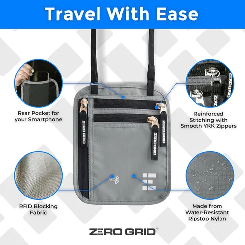 Miniatura 31 de Cartera para el cuello para viajes y pasaporte con bloqueo RFID, delgada y fácil de ocultar, bolsa de viaje de nailon para hombres y mujeres