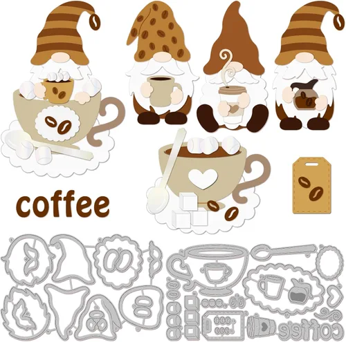 GLOBLELAND Troqueles de corte de gnomo de café para hacer tarjetas, troqueles de corte de taza de café para manualidades, álbumes de recortes,