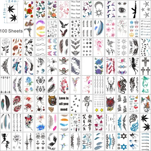 Miniatura 2 de 100 hojas de tatuajes temporales para mujeres y niños, flores, luna, escorpión, pluma, tigre, cicatriz de tatuajes para adolescentes