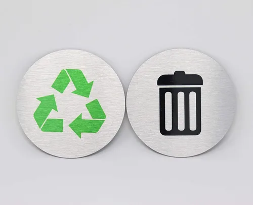 Miniatura 2 de Letreros de metal para basura y reciclaje, marcadores de basura y reciclaje, juego de 2, 1 letrero de basura negro y 1 letrero de reciclaje verde