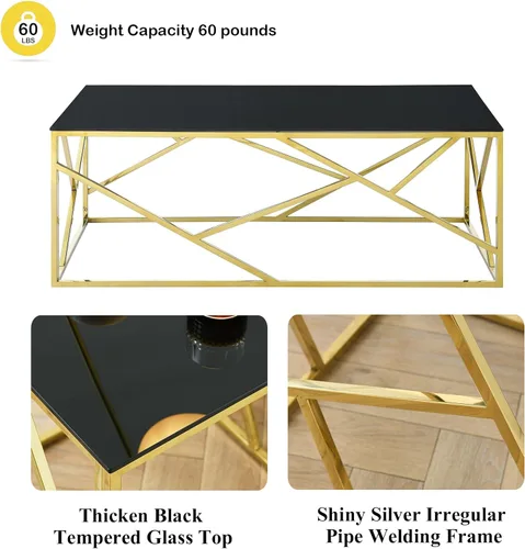 Miniatura 5 de SSLine Mesa de centro de cristal negro con patas de acero inoxidable doradas, mesa de centro rectangular de lujo para sala de estar, moderna