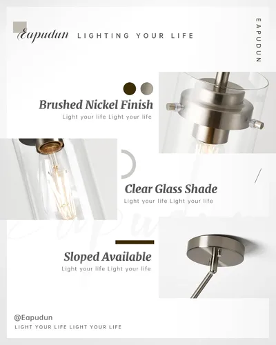 Miniatura 2 de EAPUDUN Lámparas colgantes, acabado de níquel cepillado, luces de cocina de techo, luces colgantes de vidrio transparente Isla
