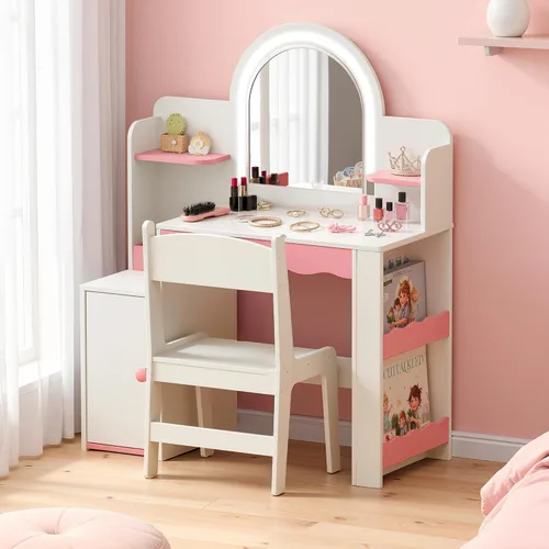 Miniatura 6 de Juego de tocador para niños con luces y sillas, mesa de tocador de princesa para niñas, tocador de maquillaje para niños pequeños con espejo LED