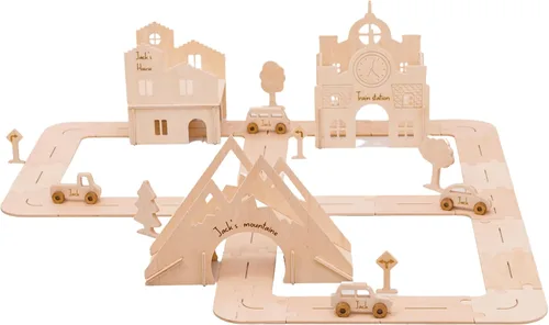 Miniatura 12 de Pista de madera personalizada para niños – tamaño M para niños pequeños – Autos de juguete de madera – Carros de juguete de madera, puente