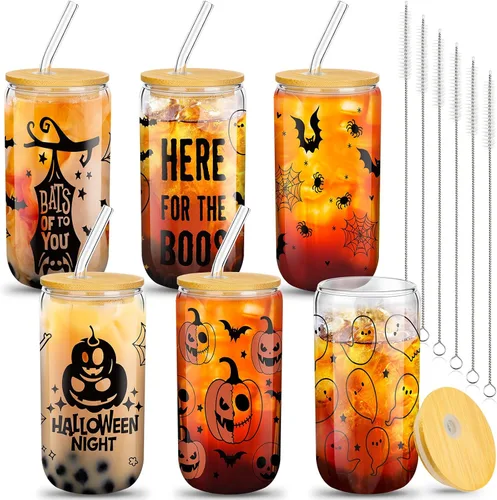 Miniatura 8 de meekoo 6 tazas de vidrio de Halloween de 16 onzas, tazas de café helado, calabazas, murciélagos, fantasmas, vasos de cerveza con tapas y pajitas