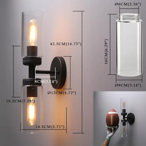 Miniatura 9 de Phansthy Lámpara de pared industrial rústica con pantalla tubular de vidrio transparente (aplique de 2 luces)