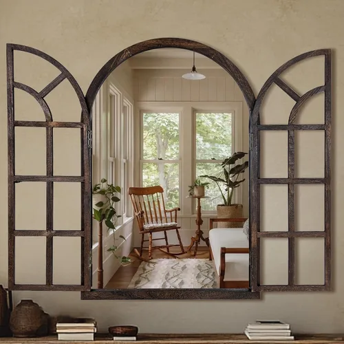 Espejo de pared arqueado con diseño de ventana, 36"x24" espejo rústico de granja de madera para decoración de pared, espejo de arco vintage