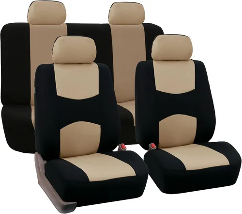FH Group Juego completo de fundas de asiento de automóvil, fundas de asiento de tela plana, color beige, funda de asiento de coche para banco