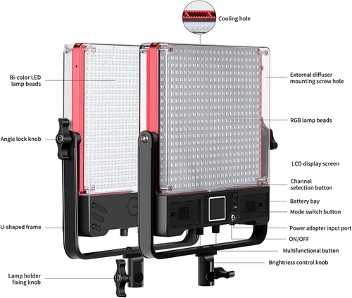 Miniatura 6 de GVM - Luz de video LED de 50 W con softboxes, RGB+bicolor de doble cara, cada lado 50 W, kit de iluminación de video con control Bluetooth, luces