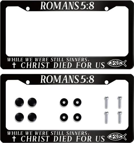 Marco de matrícula con versículos de la Biblia de Jesús, Romanos 5:8, accesorios de acero inoxidable cristiano, soporte personalizado para vehículos