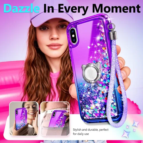 Miniatura 7 de NGB - Funda diseñada para iPhone XR, morado/azul Bonita funda con purpurina líquida brillante para mujeres, niñas y niños con protector
