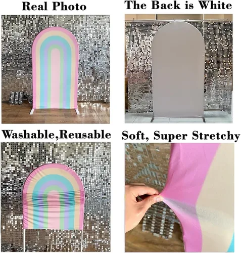 Miniatura 3 de Fundas de telón de fondo de tela con arco iris para fiestas Groovy Party Boho Pastel Rainbows, fundas elásticas para soporte de arco de cumpleaños