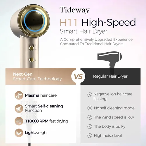 Miniatura 5 de Tideway Secador de pelo profesional de alta velocidad iónico 110,000 RPM, secador de pelo compacto con difusor magnético, secado rápido con motor