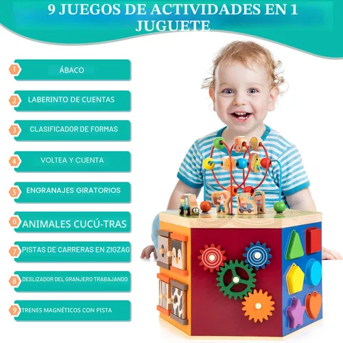 Miniatura 2 de Cubo de actividades grande, centro de juego de madera con temática de granja 9 en 1, juguete Montessori multiusos para bebés, niños pequeños y niños