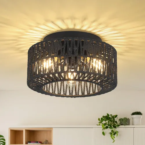 Miniatura 11 de PAUFUL Lámpara bohemia de 3 luces, lámpara de techo de ratán de granja, montaje empotrado con pantalla tejida a mano, lámpara moderna para sala