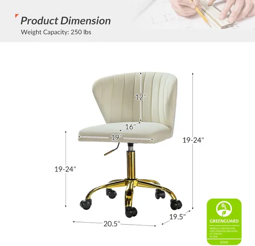 Miniatura 2 de HULALA HOME Silla de escritorio de oficina en casa con ruedas doradas, pequeña y linda silla de tocador con respaldo para dormitorio, asiento