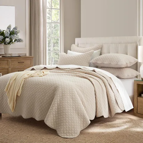 Miniatura 2 de HORIMOTE HOME Colcha de algodón 100% tamaño individual, color beige, suave y ligero, juego de ropa de cama de 2 piezas con borde festoneado