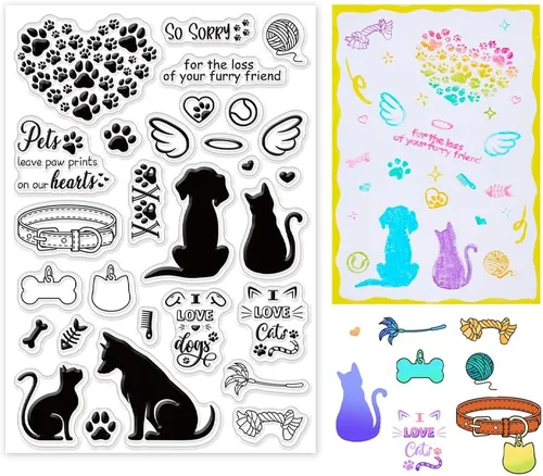 INFUNLY Sellos Transparentes de Mascotas para Hacer Tarjetas, Sellos de Silicona Transparente Perro + Gato, Sellos de Goma para DIY, Álbum de