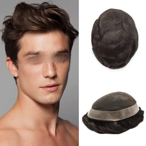 Miniatura 10 de Tupé para hombres, sistema de cabello humano, encaje francés suave con PU para hombre, extensiones de pelo de piel fina para hombres, pelucas