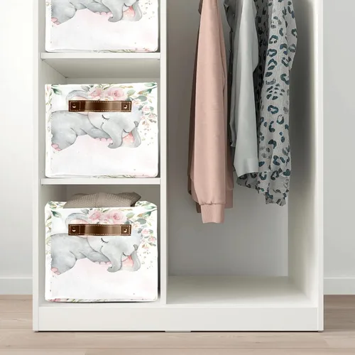 Miniatura 5 de Cesta de almacenamiento personalizada con diseño de elefante y flores rosas con nombre, caja de almacenamiento grande con asas para el hogar