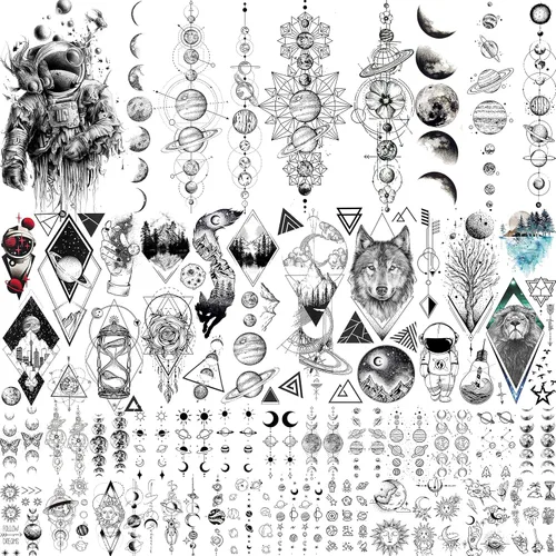 NEZAR - 6 hojas con tatuajes temporales e impermeables, con diseño de planetas geométricos en 3D, estrellas y luna, montaña, para el antebrazo,